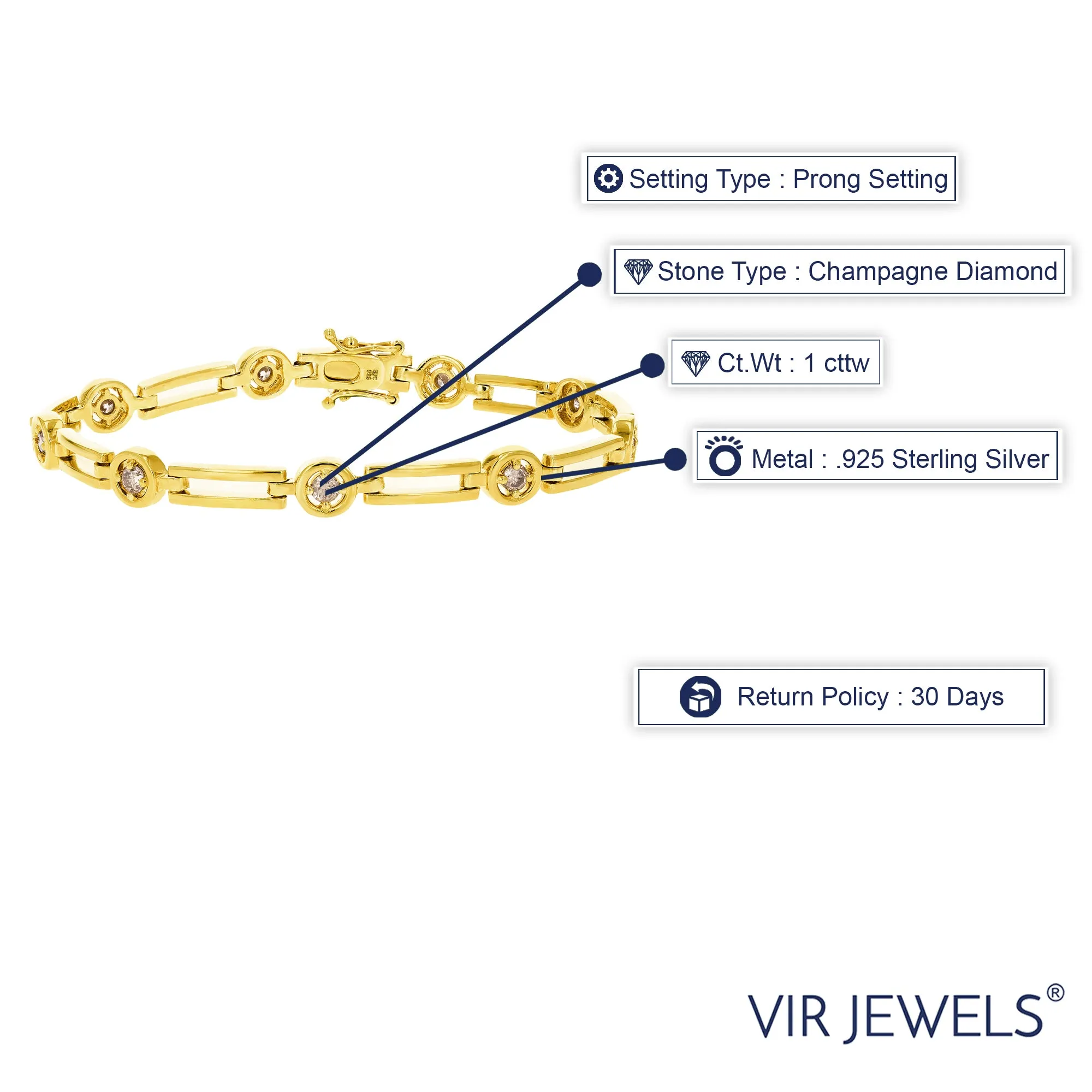 1 cttw Champagne Diamond Tennis Bracelet in Yellow Gold plated Silver