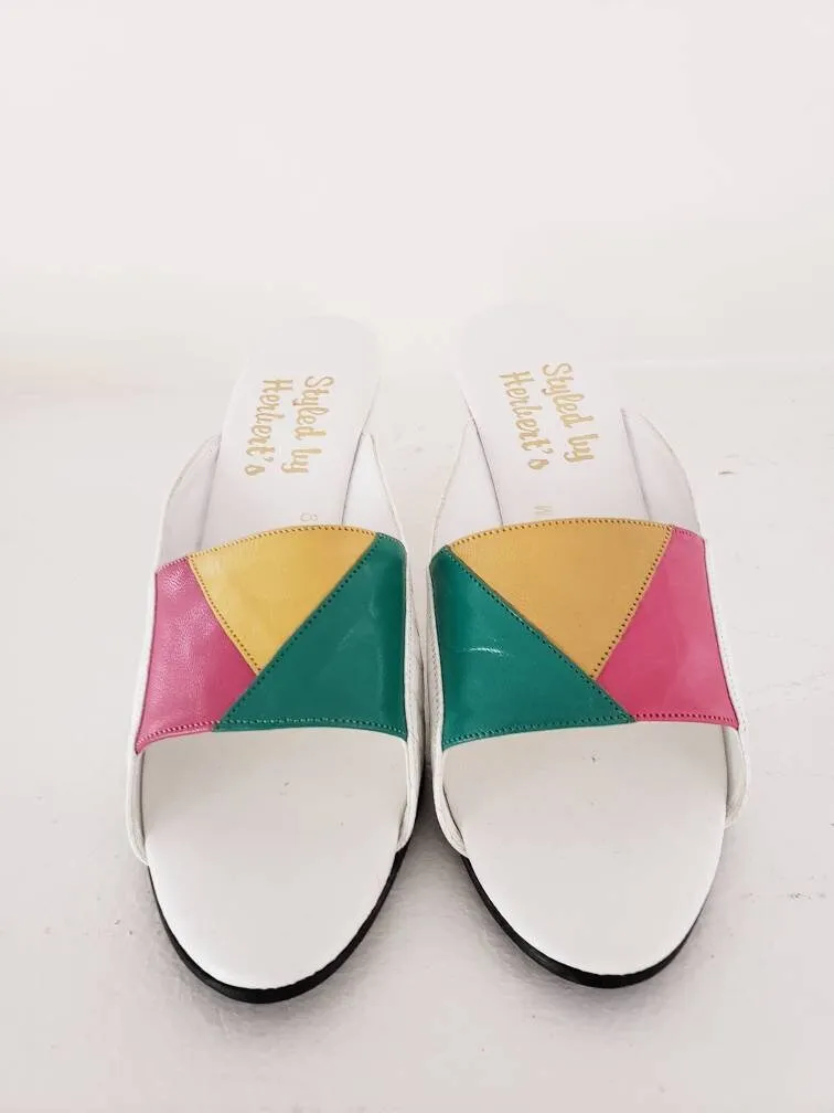 1980s Summer Wedge Sandals Colorful Leather Mules / 80s Cut Out Wedge Heel Slides Slip On Summer Shoes Patchwork Leather / 8