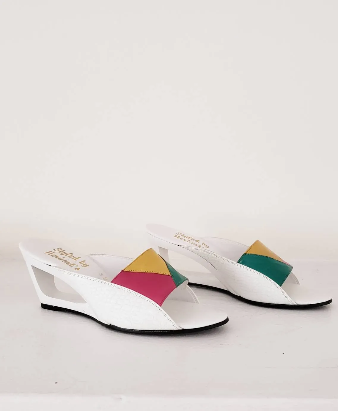 1980s Summer Wedge Sandals Colorful Leather Mules / 80s Cut Out Wedge Heel Slides Slip On Summer Shoes Patchwork Leather / 8