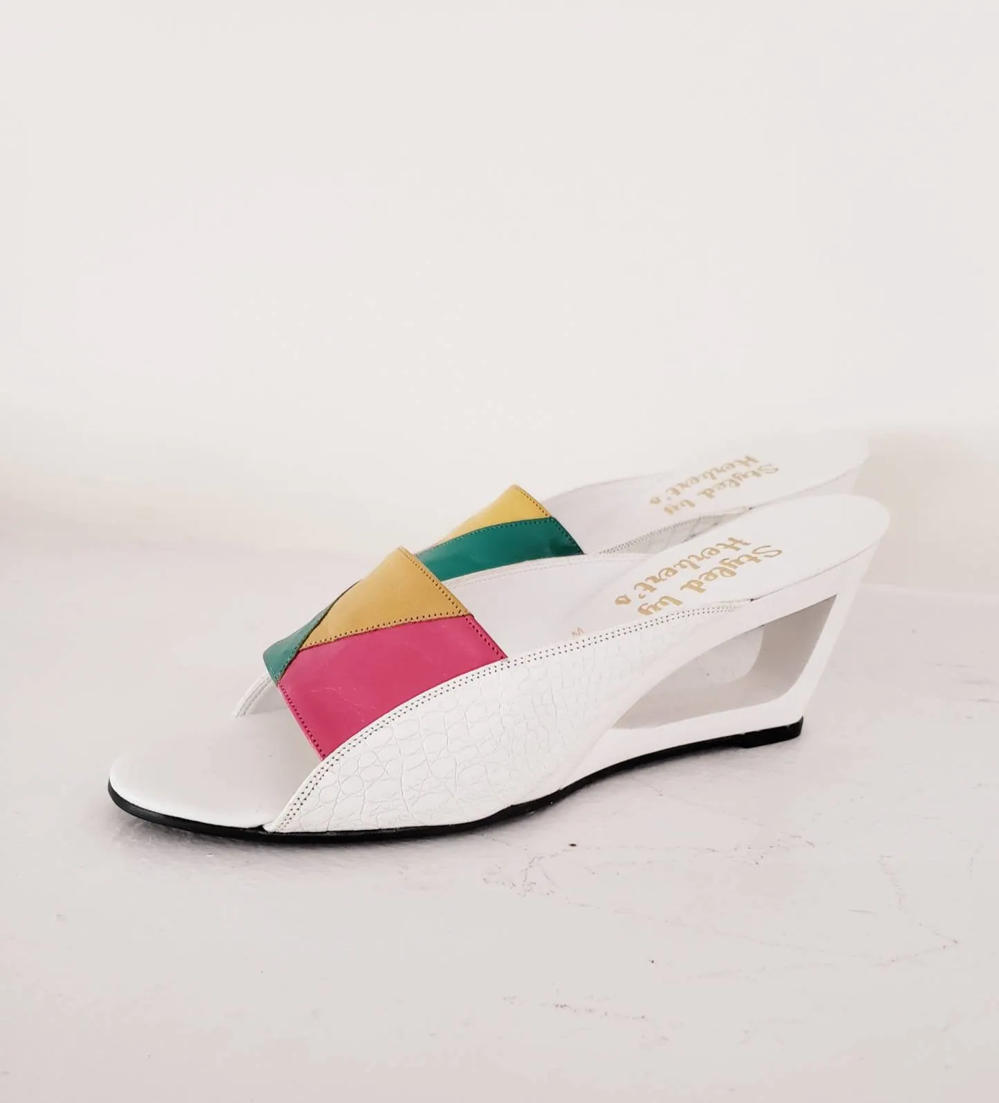 1980s Summer Wedge Sandals Colorful Leather Mules / 80s Cut Out Wedge Heel Slides Slip On Summer Shoes Patchwork Leather / 8