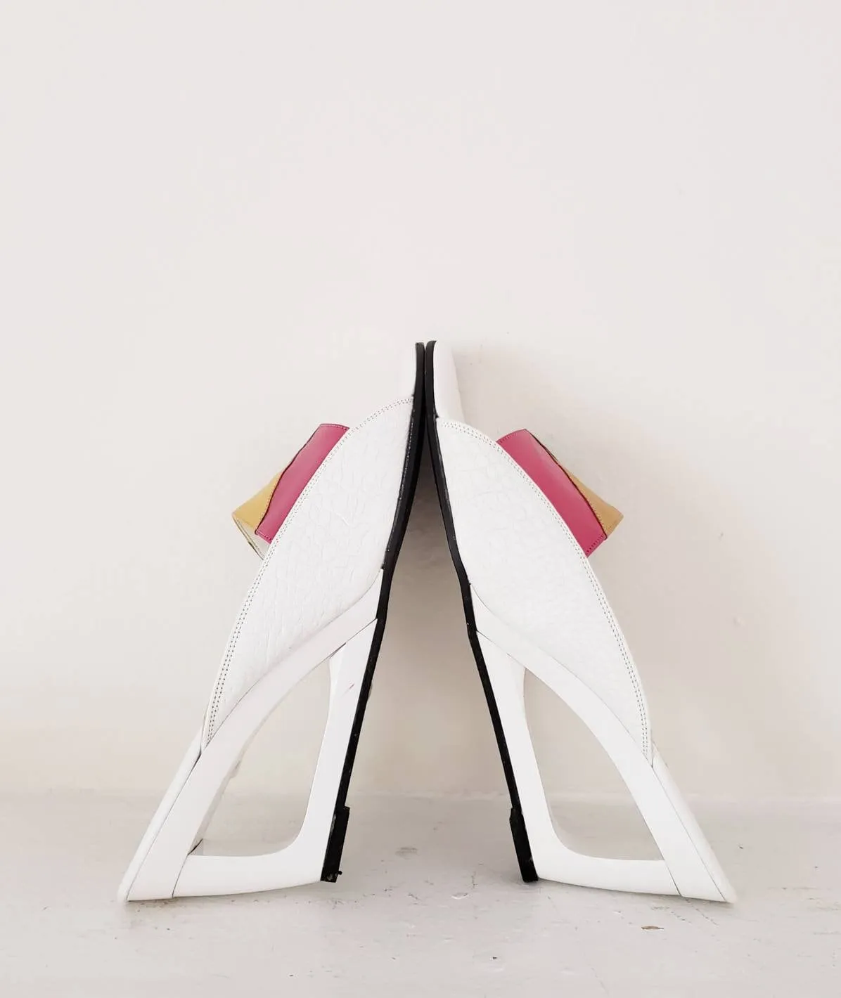 1980s Summer Wedge Sandals Colorful Leather Mules / 80s Cut Out Wedge Heel Slides Slip On Summer Shoes Patchwork Leather / 8