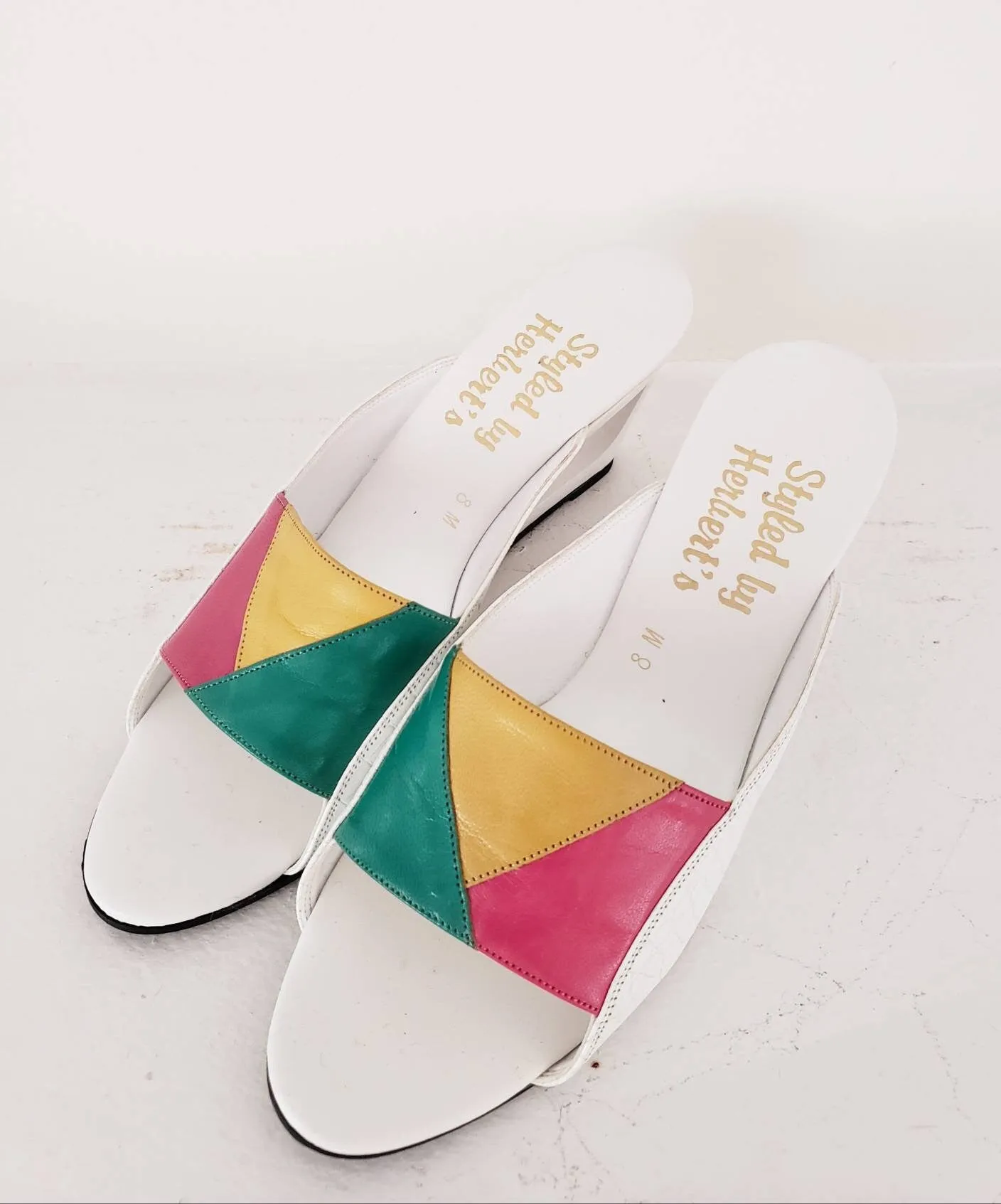 1980s Summer Wedge Sandals Colorful Leather Mules / 80s Cut Out Wedge Heel Slides Slip On Summer Shoes Patchwork Leather / 8