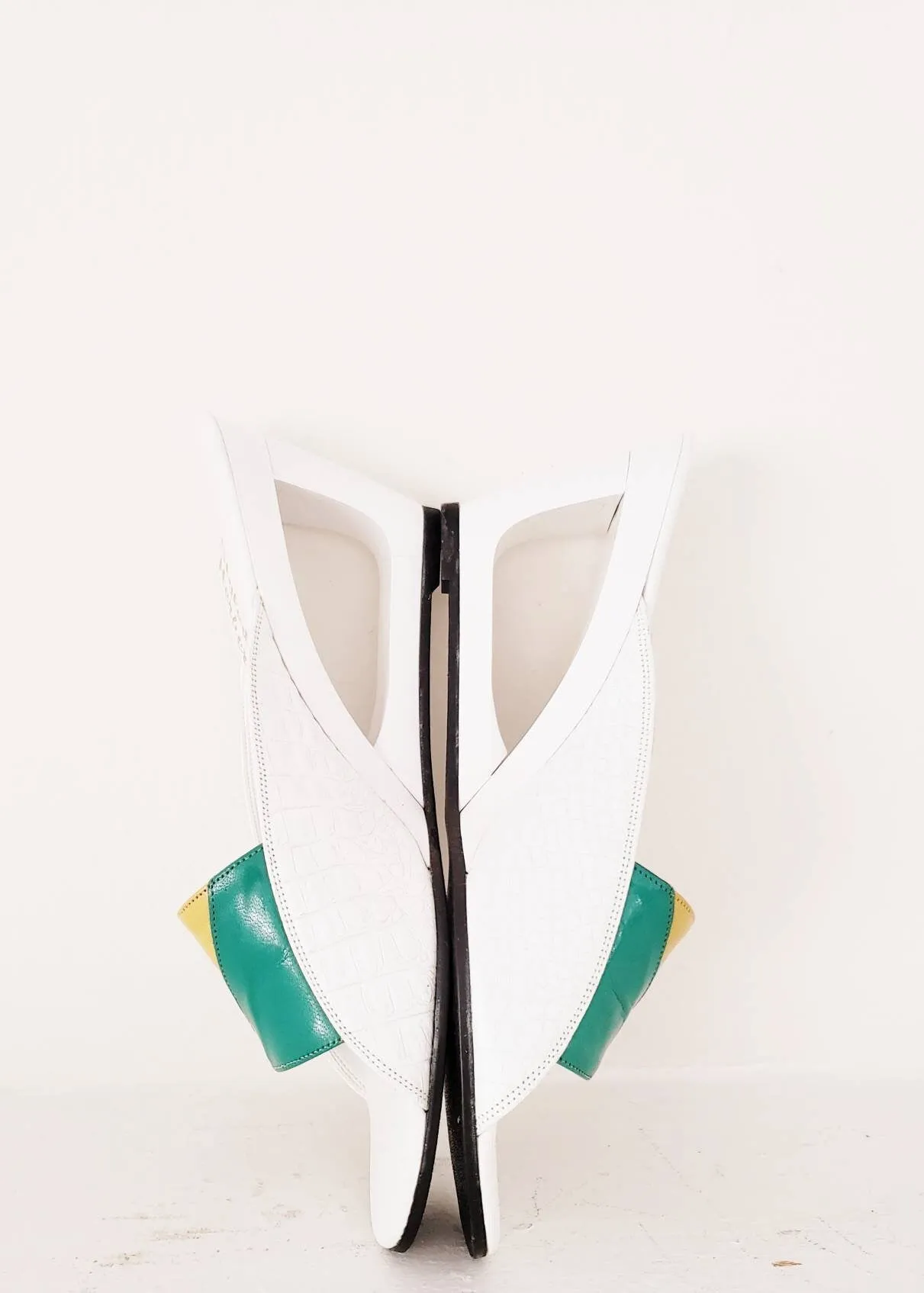 1980s Summer Wedge Sandals Colorful Leather Mules / 80s Cut Out Wedge Heel Slides Slip On Summer Shoes Patchwork Leather / 8