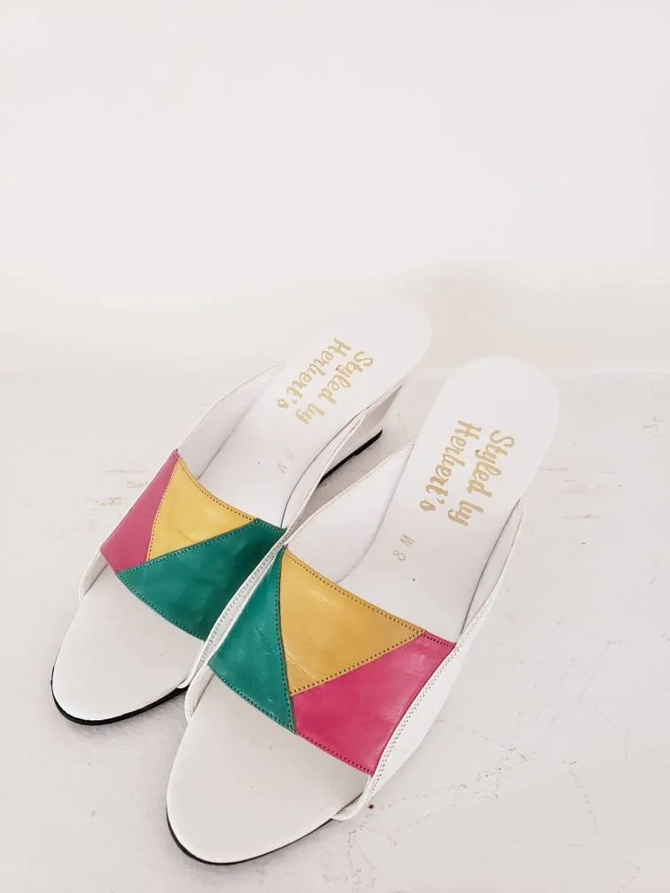 1980s Summer Wedge Sandals Colorful Leather Mules / 80s Cut Out Wedge Heel Slides Slip On Summer Shoes Patchwork Leather / 8