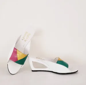 1980s Summer Wedge Sandals Colorful Leather Mules / 80s Cut Out Wedge Heel Slides Slip On Summer Shoes Patchwork Leather / 8