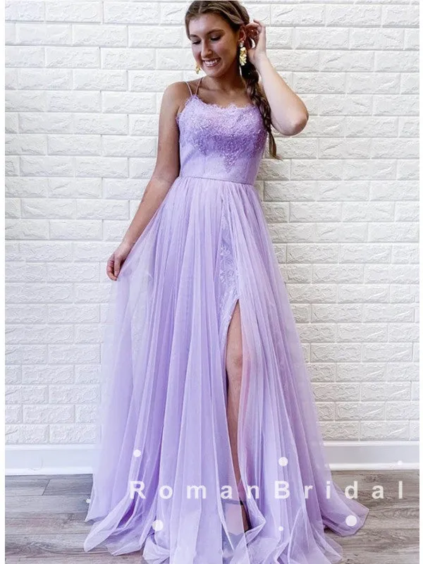 A-Line Spaghetti Straps Tulle Lace Long Prom Dresses With Slit,RBPD0042