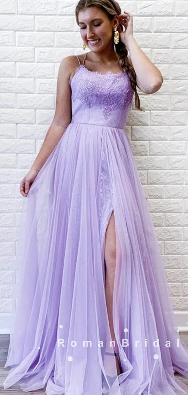 A-Line Spaghetti Straps Tulle Lace Long Prom Dresses With Slit,RBPD0042