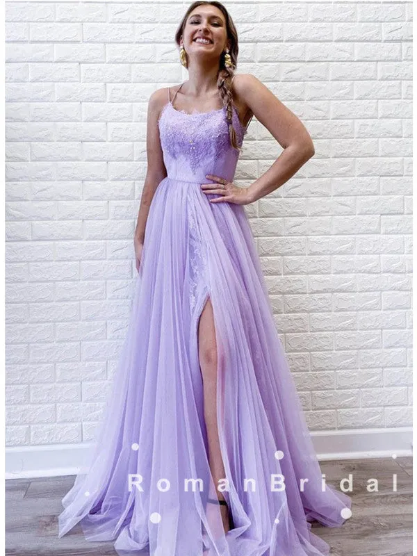 A-Line Spaghetti Straps Tulle Lace Long Prom Dresses With Slit,RBPD0042