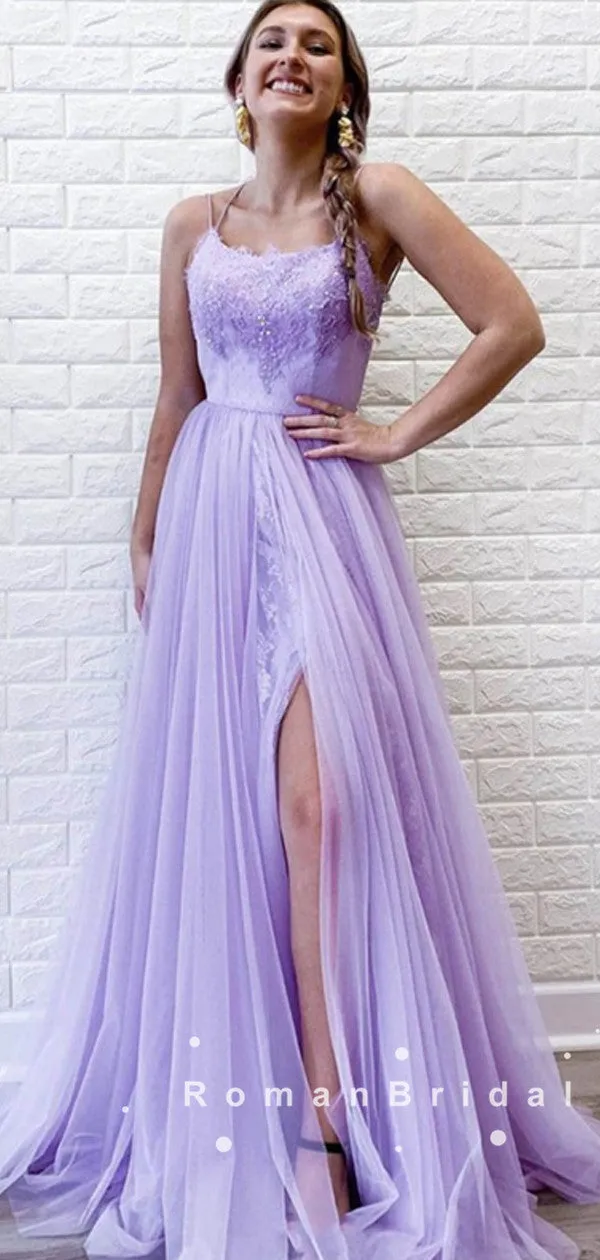 A-Line Spaghetti Straps Tulle Lace Long Prom Dresses With Slit,RBPD0042