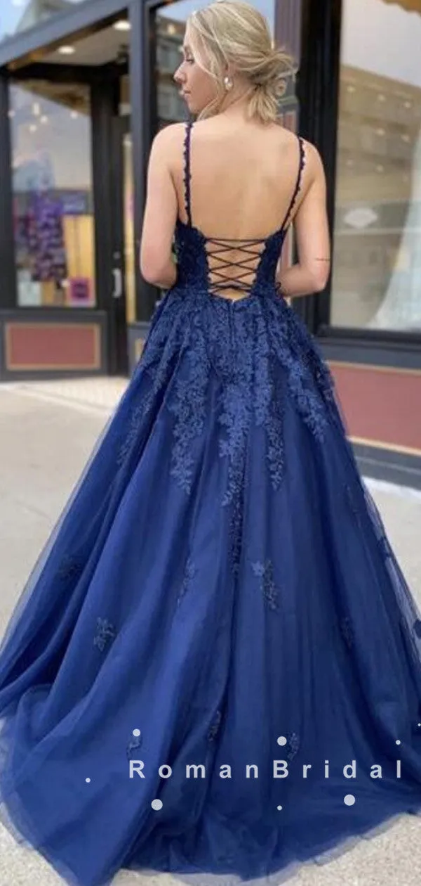 A-Line V-Neck Spaghetti Straps Navy Blue Tulle Long Prom Dresses With Lace,RBPD0027