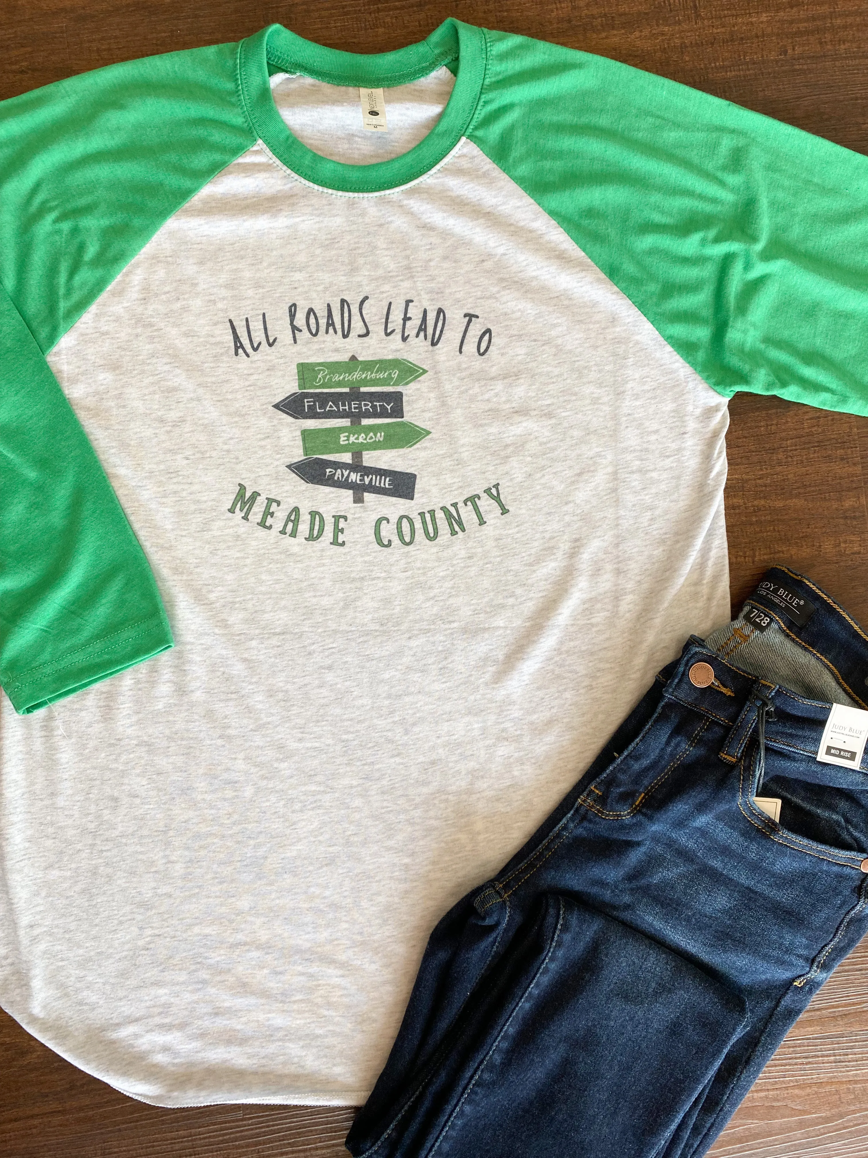All Roads Lead To Meade County Green Sleeve Raglan