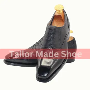 Artisan-Crafted Leather Oxford Shoes - Impeccable Style Bespoke Handmade Premium Quality Black Leather Toe Cap Mens Formal Dress Shoes