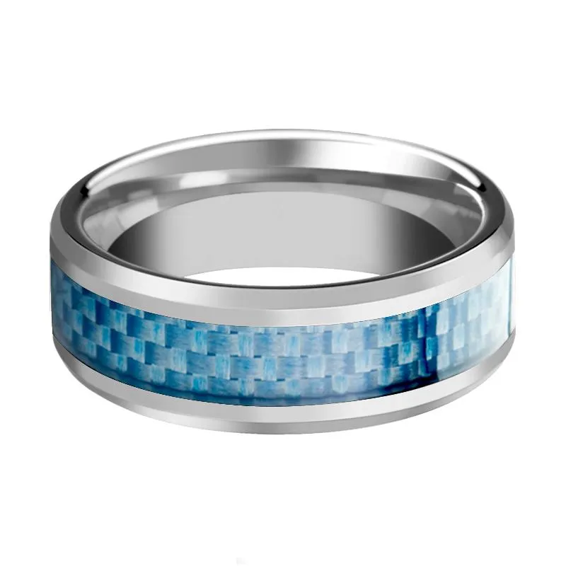 AUGUSTUS | Silver Tungsten Ring, Light Blue Carbon Fiber Inlay, Beveled