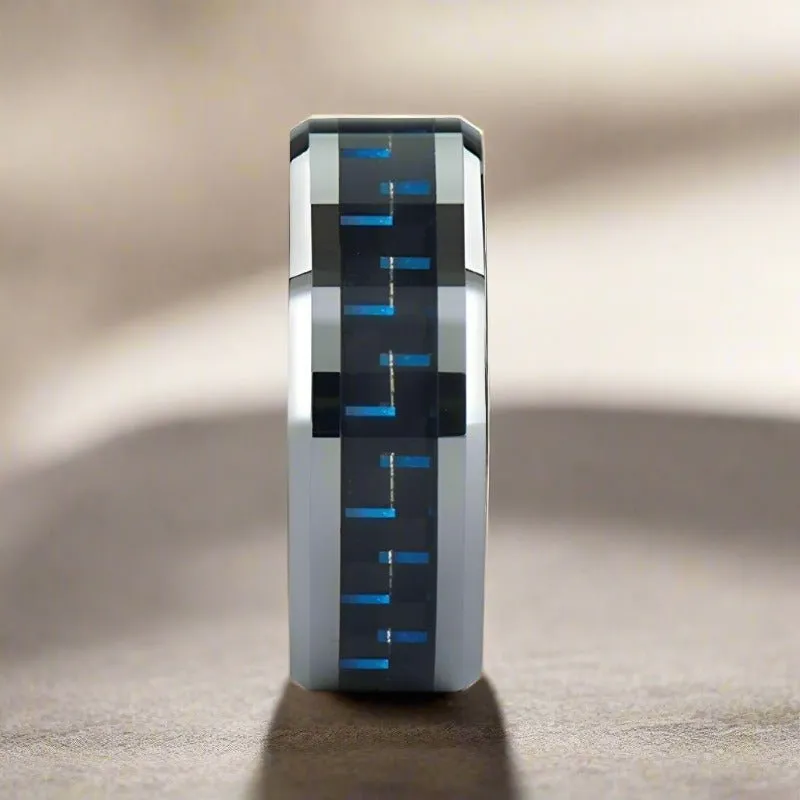 AUXILIUS | Silver Tungsten Ring, Blue Carbon Fiber Inlay, Beveled