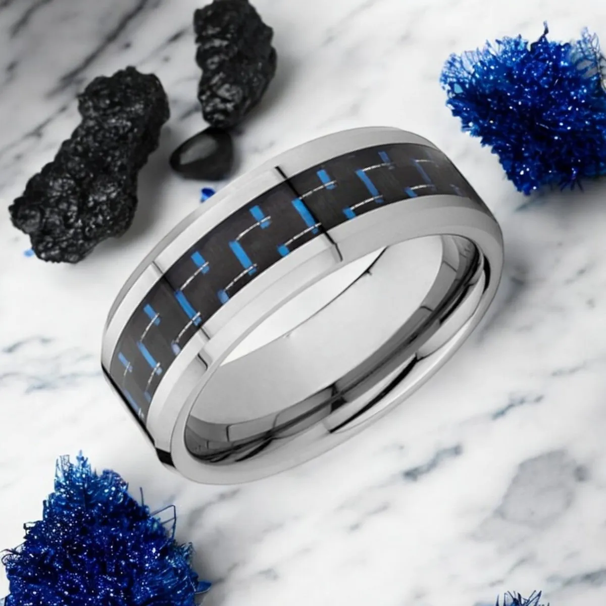 AUXILIUS | Silver Tungsten Ring, Blue Carbon Fiber Inlay, Beveled