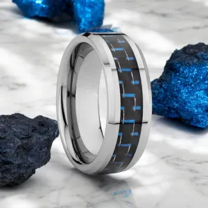AUXILIUS | Silver Tungsten Ring, Blue Carbon Fiber Inlay, Beveled