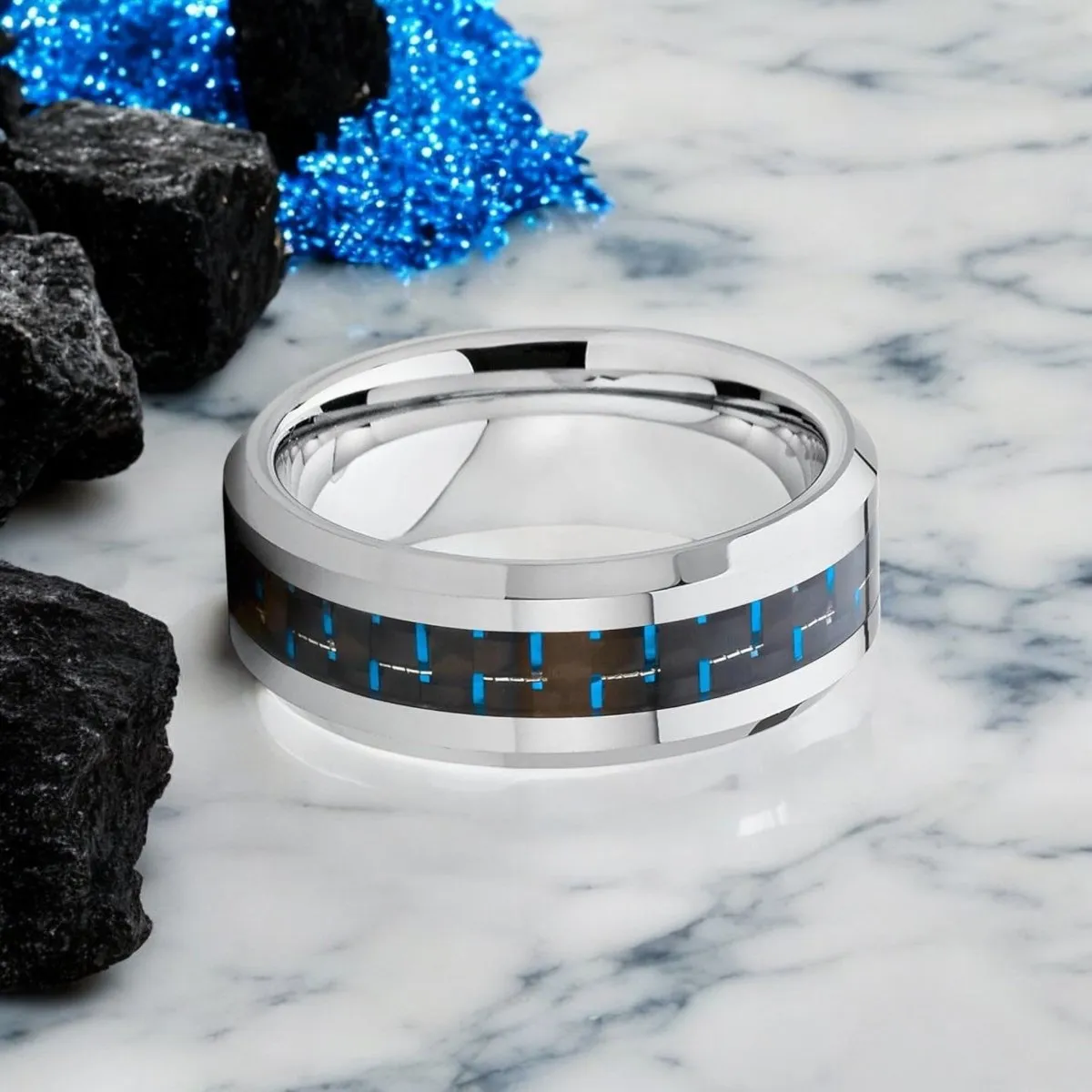 AUXILIUS | Silver Tungsten Ring, Blue Carbon Fiber Inlay, Beveled