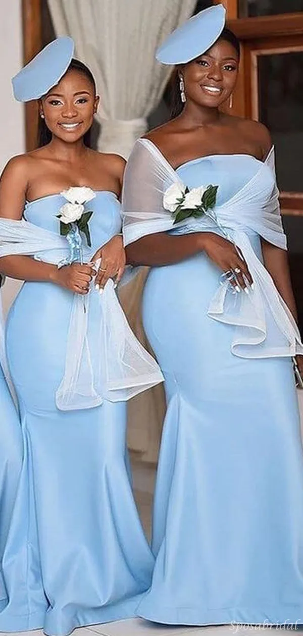 Baby Blue Modest Sexy Strapless Mermaid Long Bridesmaid Dress, WG898