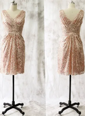 Beautiful Gold Sequins Knee Length Bridesmaid Dress, Short Homecoming Dress