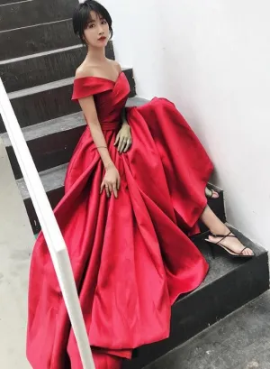 Beautiful Red Satin Off Shoulder Long Party Dress, Red Prom Dress