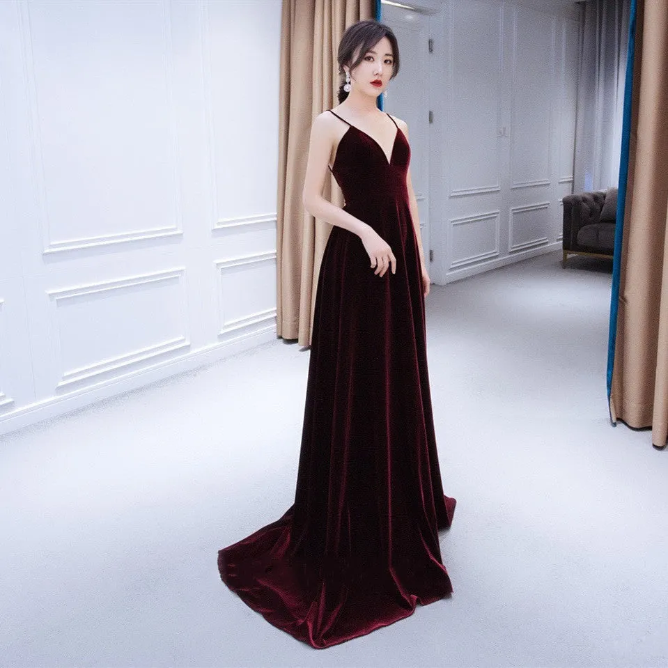 Beautiful V-neckline Straps Wine Red Velvet Prom Dress, Long Party Dress