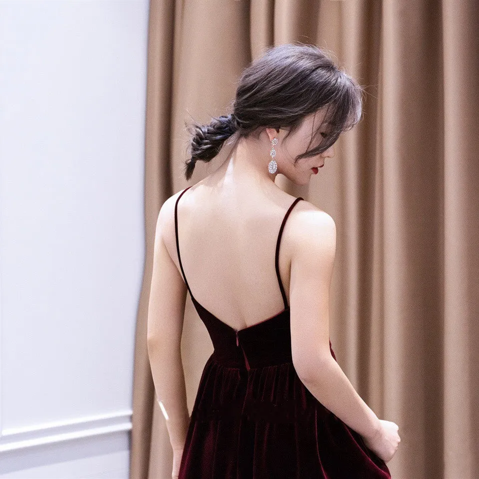Beautiful V-neckline Straps Wine Red Velvet Prom Dress, Long Party Dress
