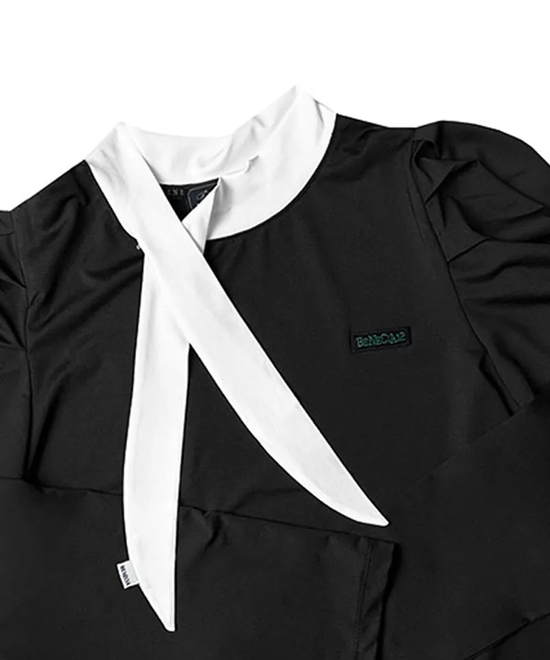 BENECIA 12 Puff Ribbon Neck Functional Tee - Black