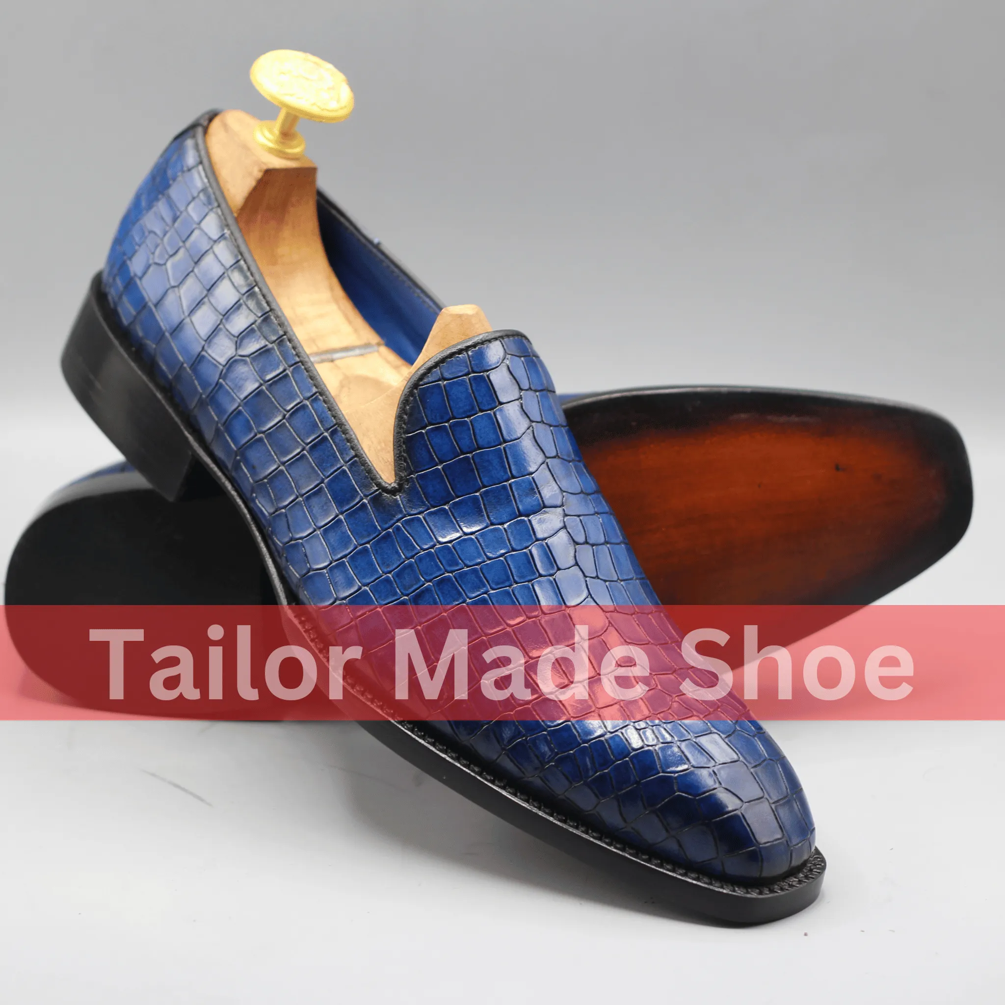 Bespoke Blue Crocodile-Embossed Shoes – Stylish Handmade Formal Loafers Premium Blue Crocodile-Pattern Shoes – Handmade Luxury for Men