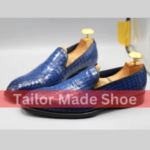 Bespoke Blue Crocodile-Embossed Shoes – Stylish Handmade Formal Loafers Premium Blue Crocodile-Pattern Shoes – Handmade Luxury for Men