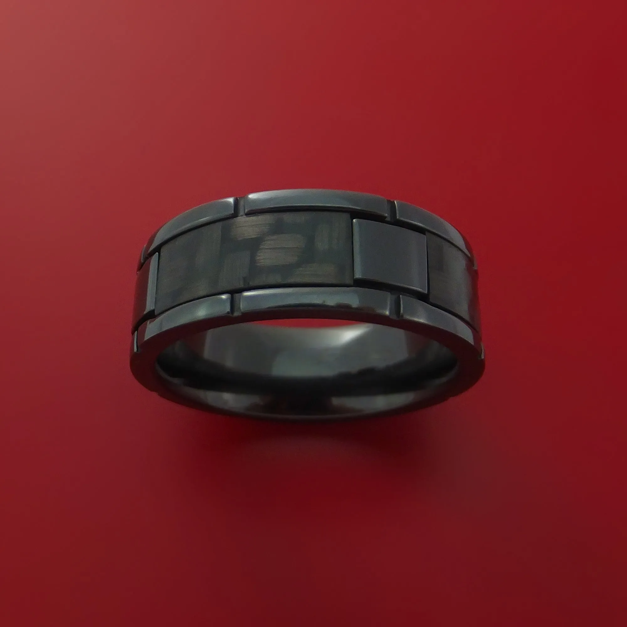 Black Zirconium Ring with Segmented Black Carbon Fiber Inlay Custom Made Band