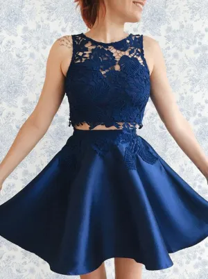 Blue Two Piece Round Neck Applique Pleats Short Homecoming Dresses