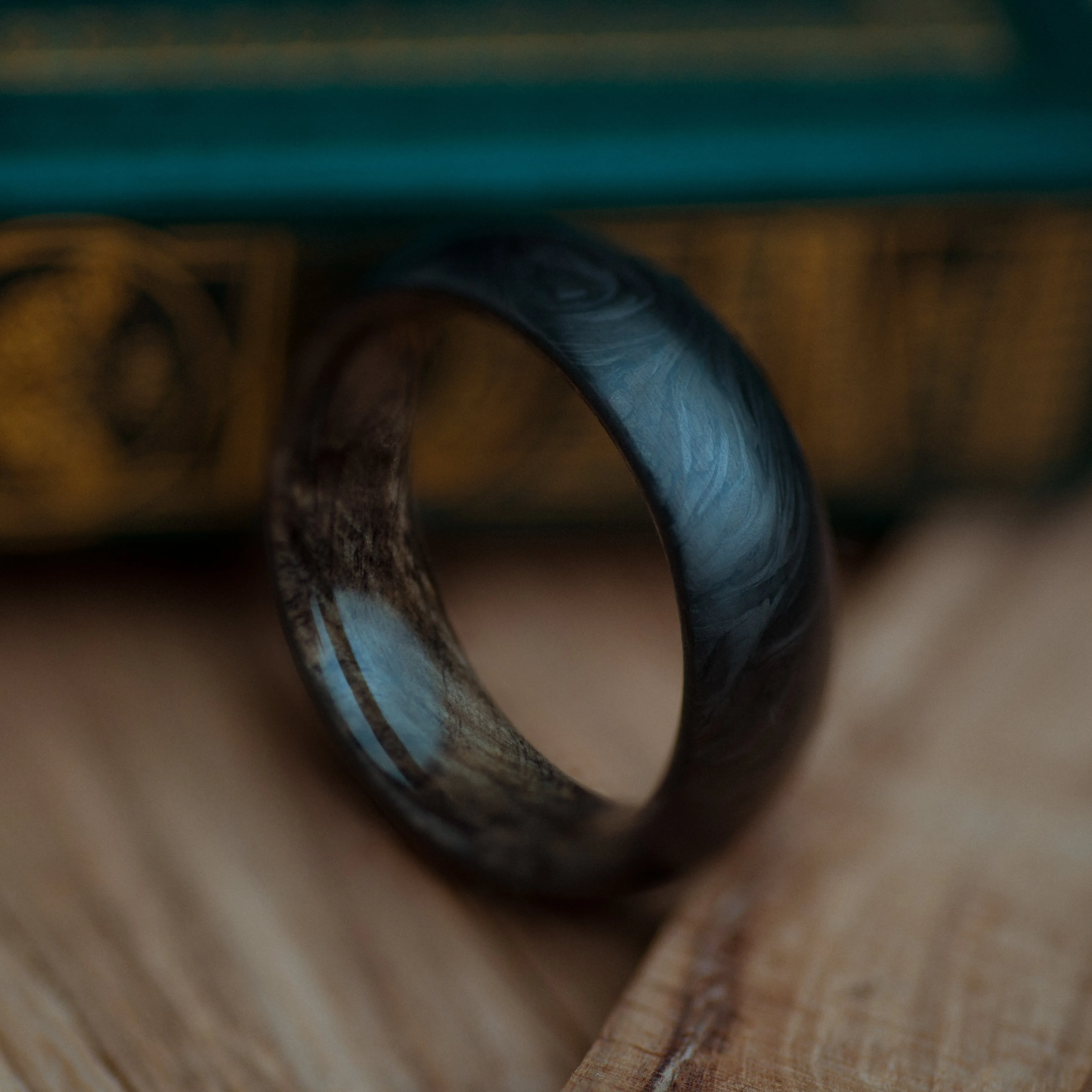 Buckeye Burl and Forged Carbon Fiber Mens Wedding Band