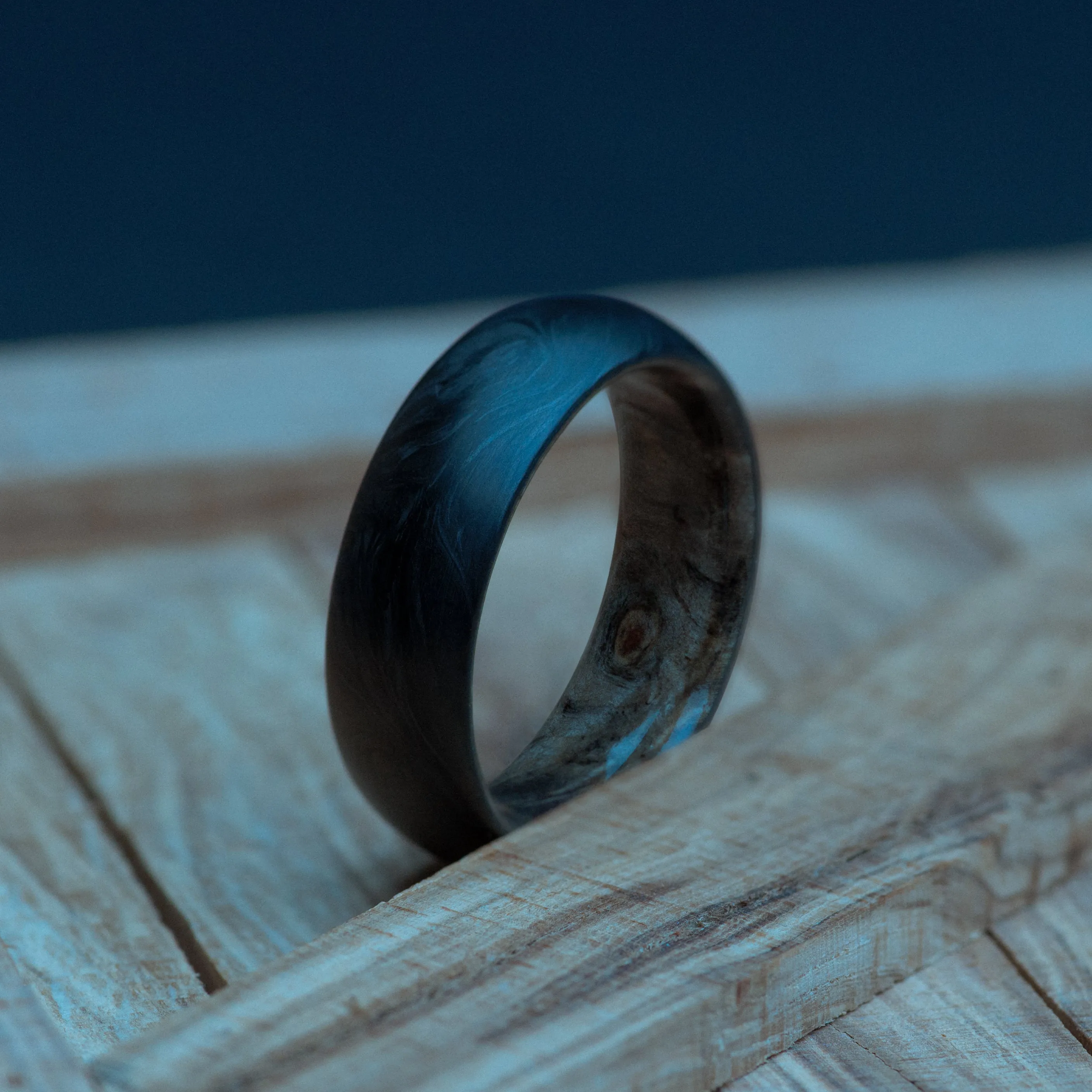 Buckeye Burl and Forged Carbon Fiber Mens Wedding Band