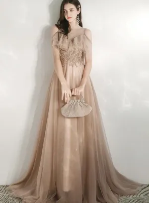 Champagne Tulle Off Shoulder Long Party Dress with Lace, A-line Tulle Evening Dress Prom Dress