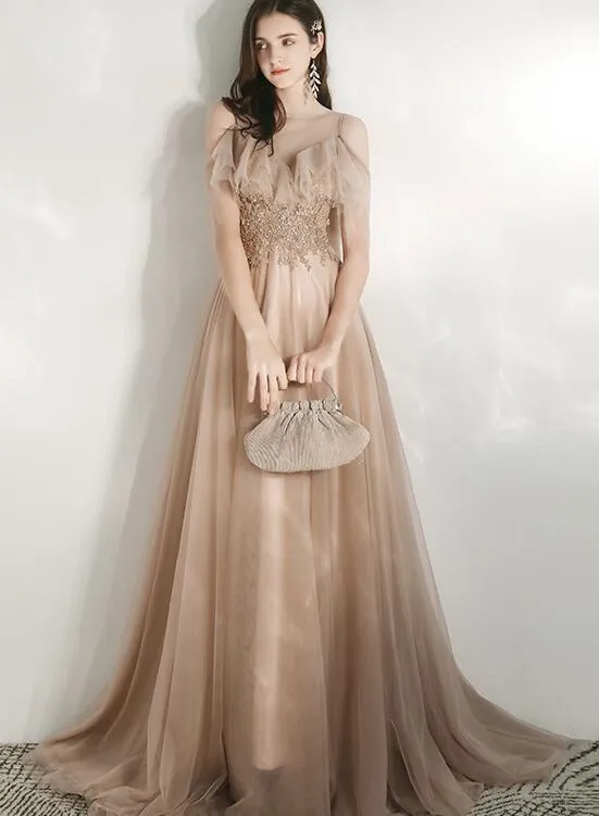 Champagne Tulle Off Shoulder Long Party Dress with Lace, A-line Tulle Evening Dress Prom Dress