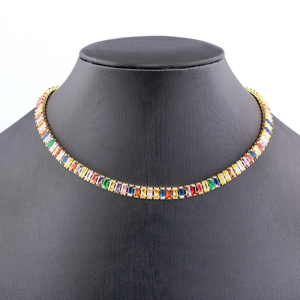 Classic Colorful Tennis Necklace Rectangular Full Zircon Neck Jewelry Adjustable Wedding Party Gift