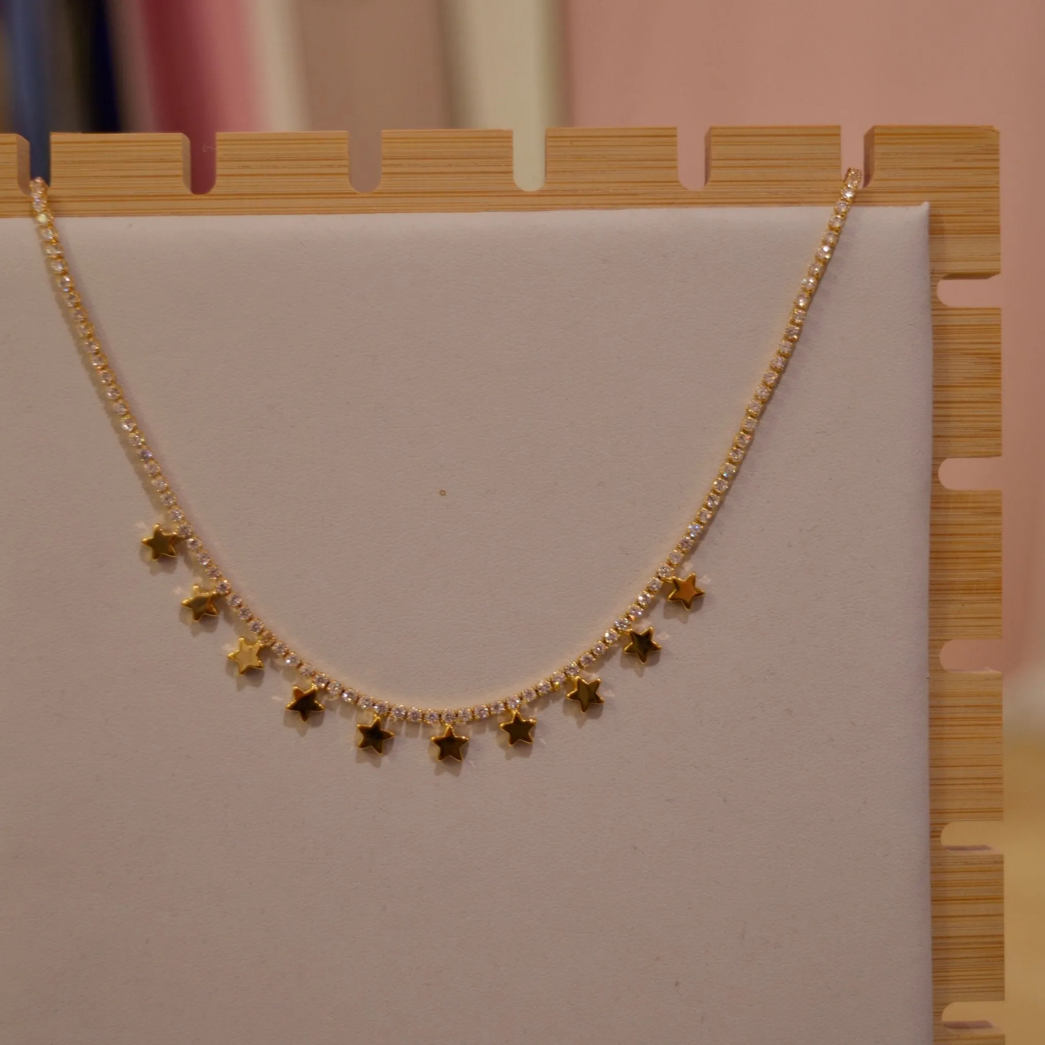 Collana oro tennis con strass e stelline