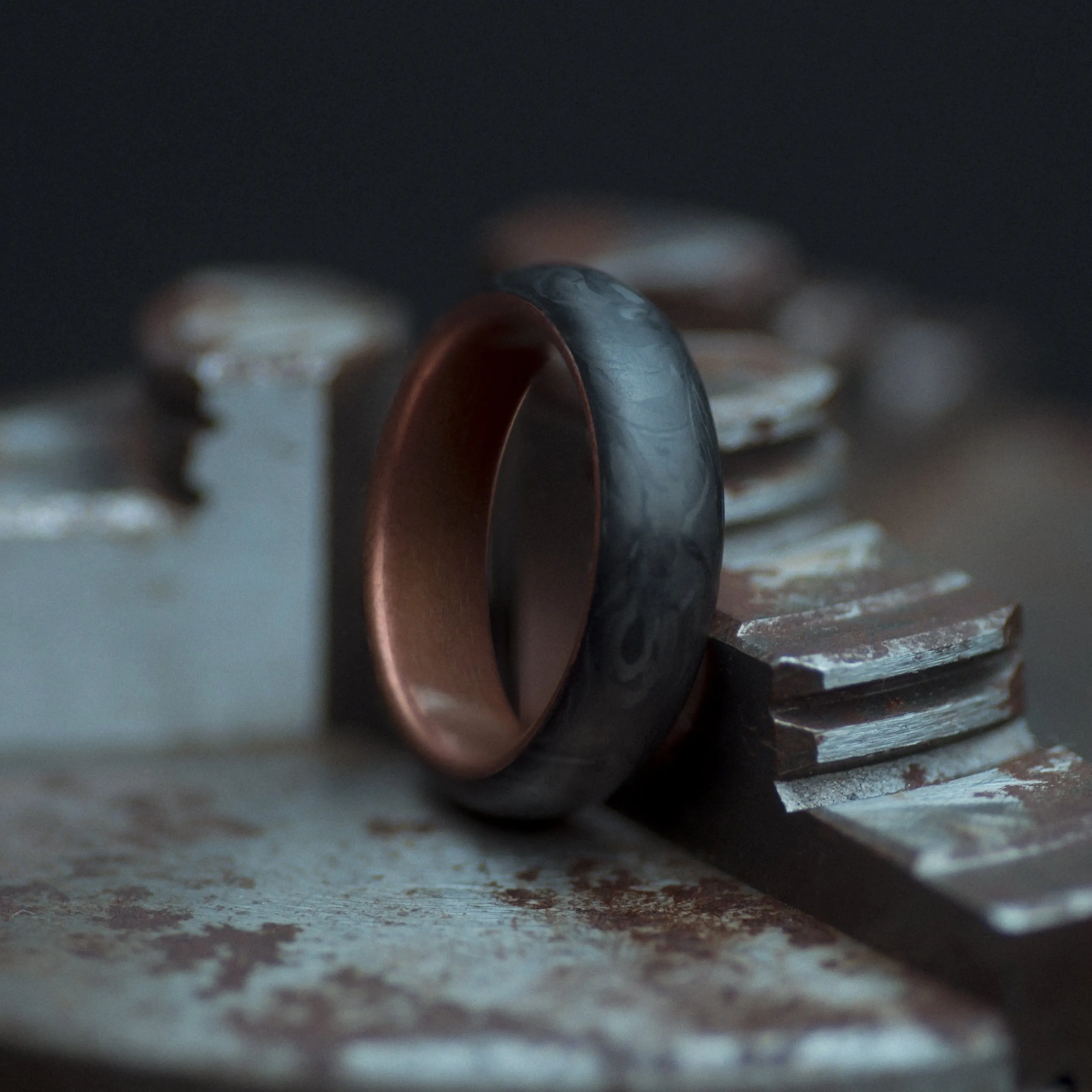 Copper and Forged Carbon Fiber Mens Wedding Band