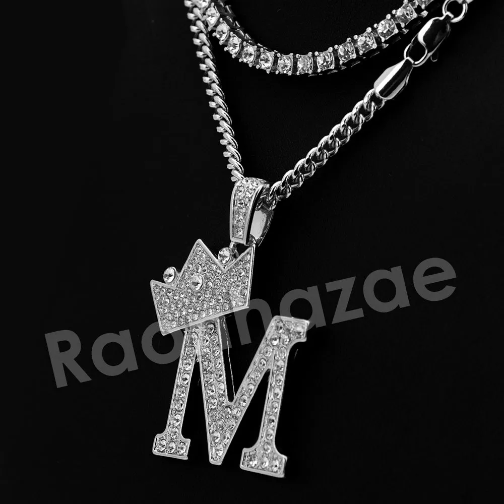 Crown M Initial Pendant Necklace Set.
