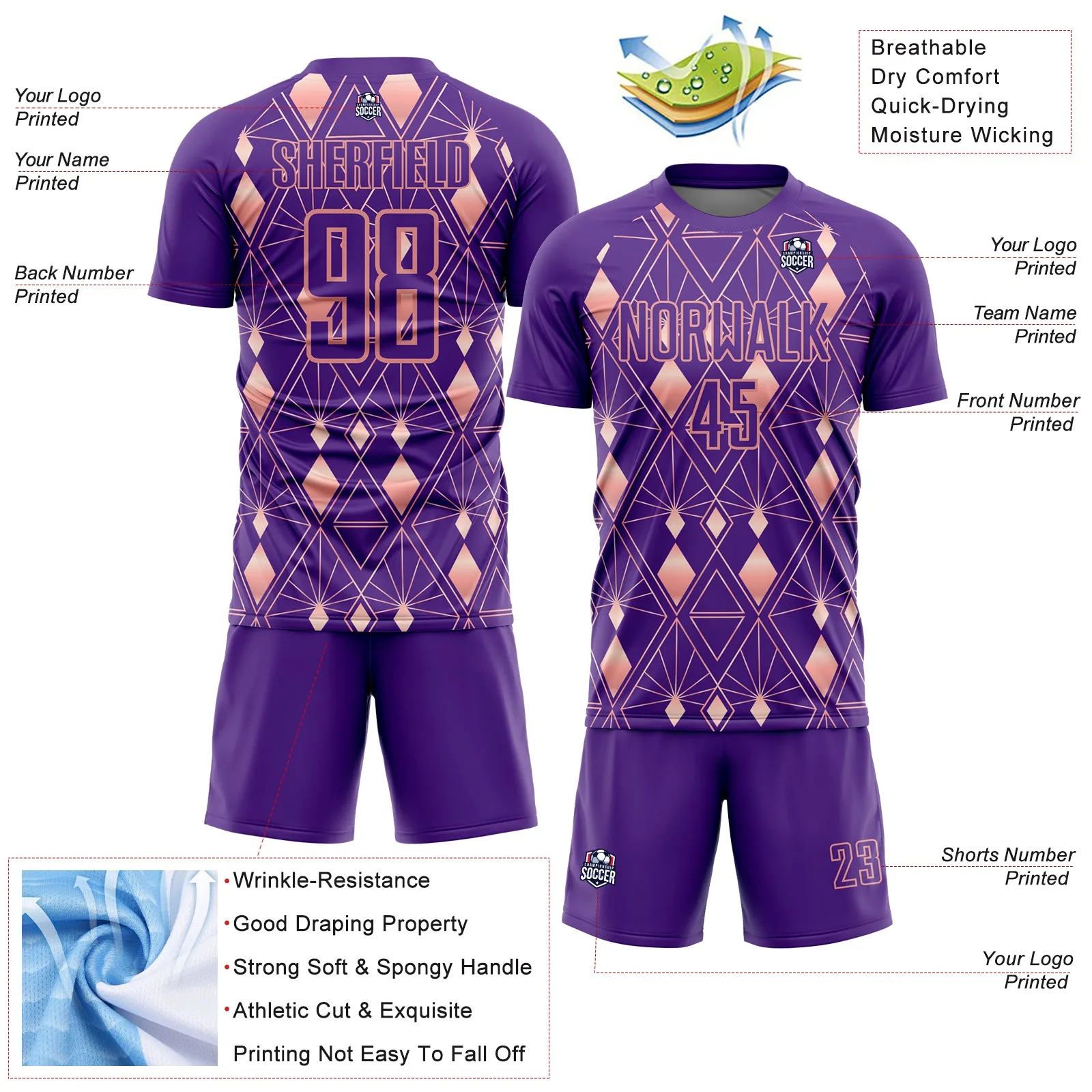 Custom Purple Light Pink Geometric Shapes Sublimation Soccer Uniform Jersey
