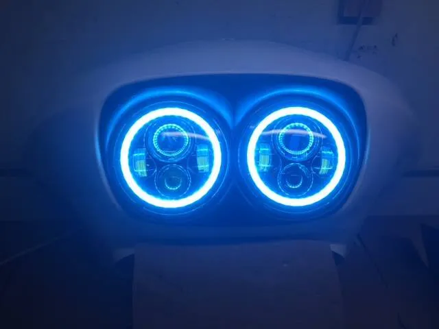 DUAL 7" BLUE DAYMAKER BLUE HALO LED ROAD GLIDE Black Light Bulb Headlight Motorcycle Harley   Bezel