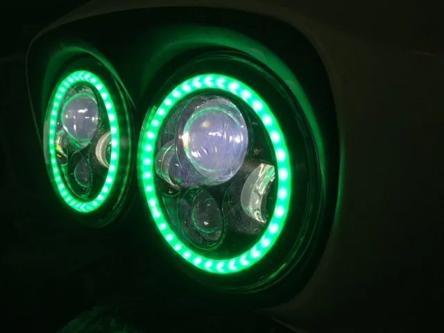 DUAL 7" DAYMAKER 2014 - 2018   GREEN HALO LED Replacement ROAD GLIDE Black Light Bulb Headlight Harley   Bezel