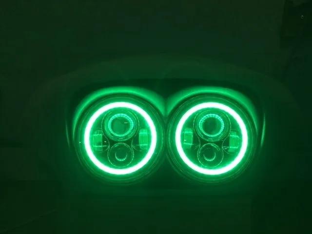 DUAL 7" DAYMAKER 2014 - 2018   GREEN HALO LED Replacement ROAD GLIDE Black Light Bulb Headlight Harley   Bezel