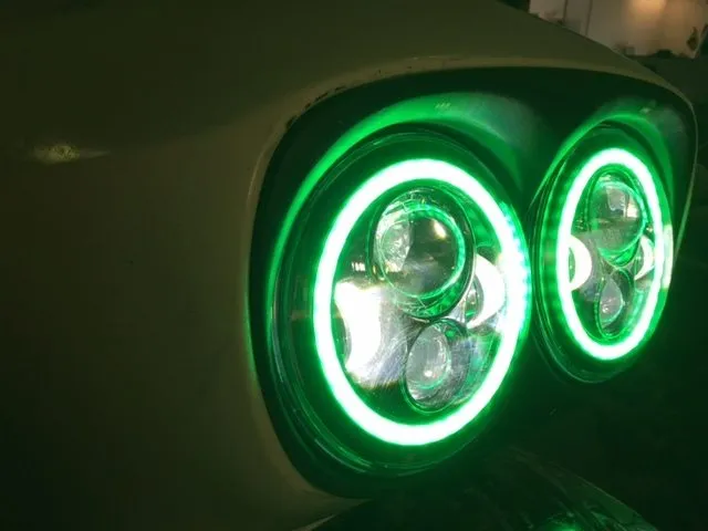 DUAL 7" DAYMAKER 2014 - 2018   GREEN HALO LED Replacement ROAD GLIDE Black Light Bulb Headlight Harley   Bezel