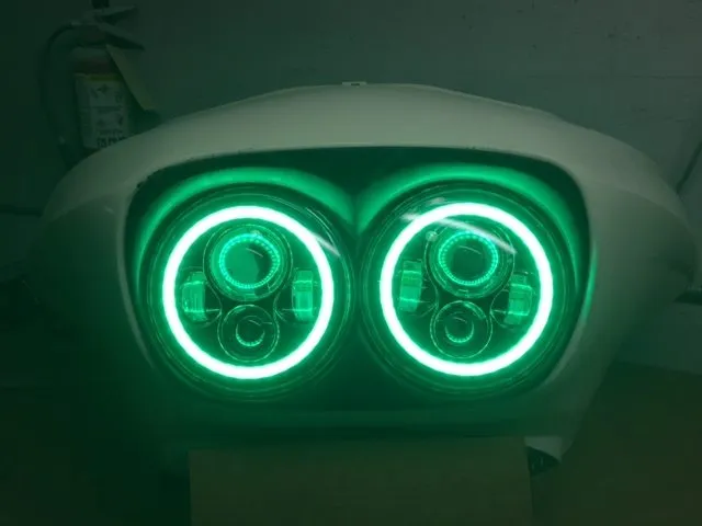 DUAL 7" DAYMAKER 2014 - 2018   GREEN HALO LED Replacement ROAD GLIDE Black Light Bulb Headlight Harley   Bezel
