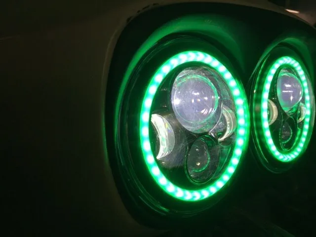 DUAL 7" DAYMAKER 2014 - 2018   GREEN HALO LED Replacement ROAD GLIDE Black Light Bulb Headlight Harley   Bezel