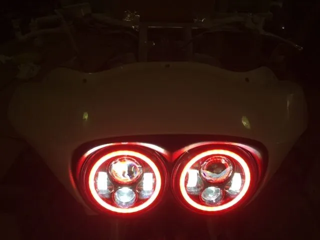DUAL 7" DAYMAKER 2014 - 2018   RED HALO LED Replacement ROAD GLIDE Chrome Light Bulb Headlight Harley   Bezel