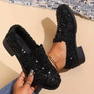Elegant Sequin Slip-On Loafers - Comfortable Velvet Flats for Women