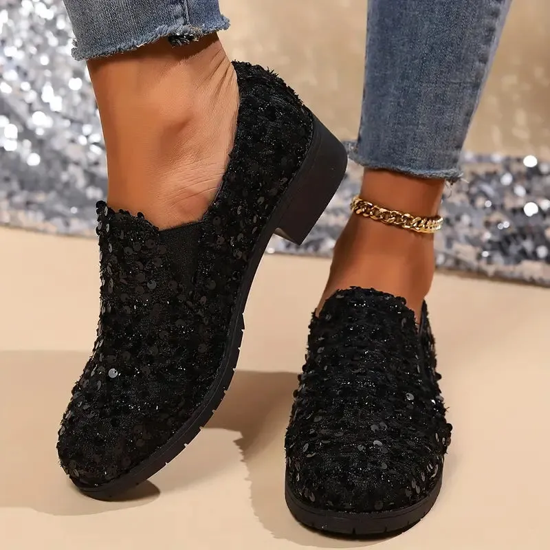 Elegant Sequin Slip-On Loafers - Comfortable Velvet Flats for Women