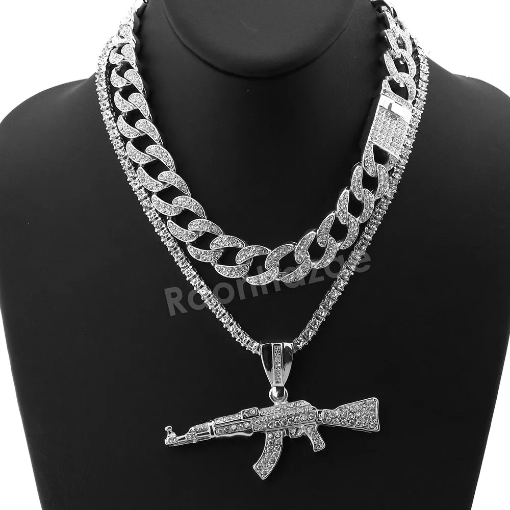 Hip Hop Quavo AK47 Miami Cuban Choker Tennis Chain Necklace L13